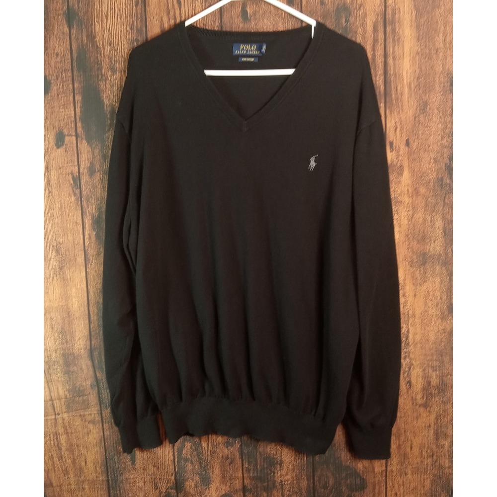 Polo Ralph Lauren Mens XXL Black Pima Cotton V-Neck Sweater Grey Pony Logo
